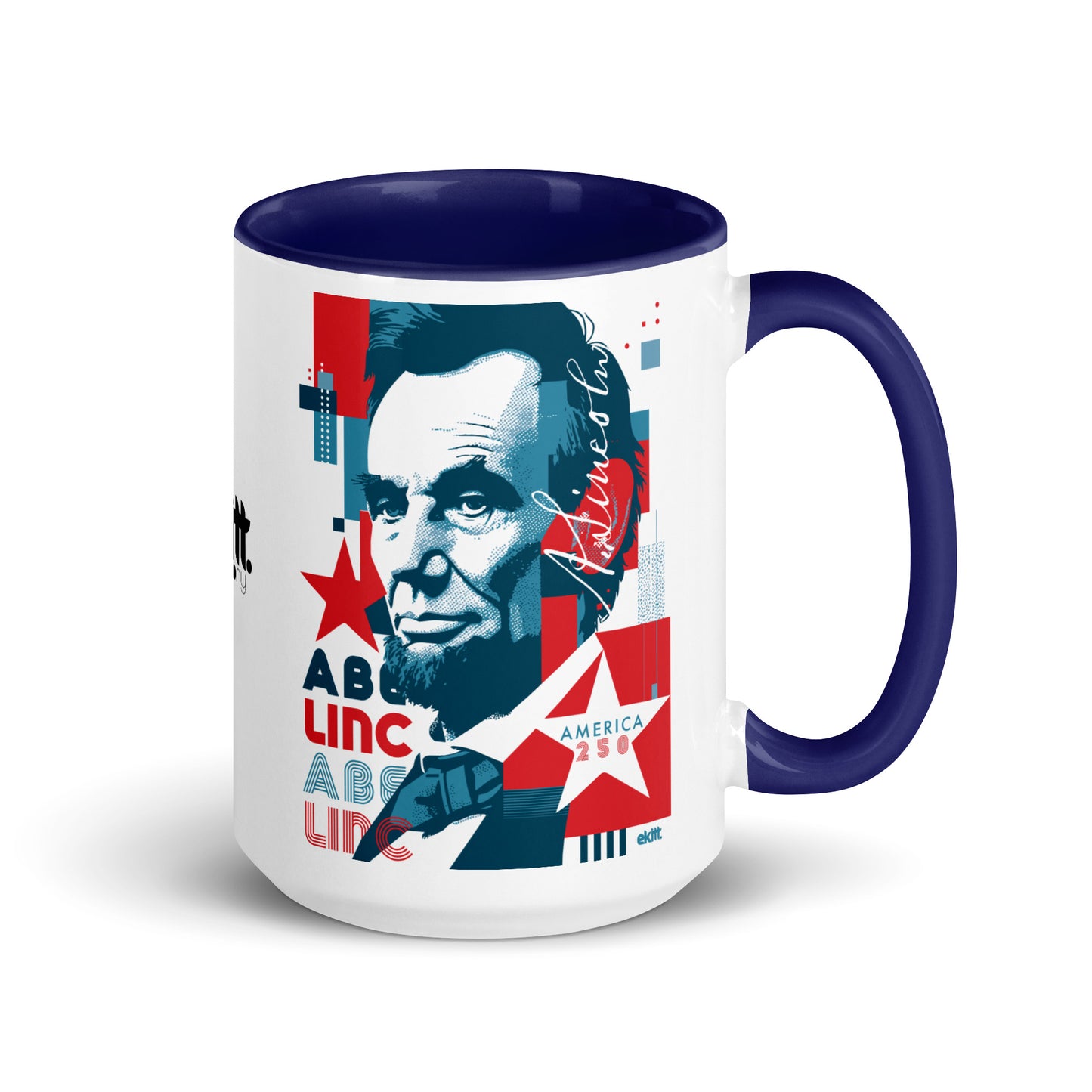 America 250 Abraham Lincoln coffee mug featuring original patriotic artwork commemorating America's 250th anniversary