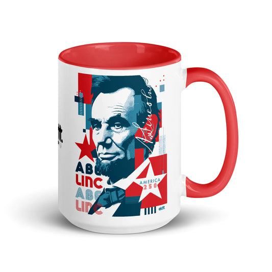 America 250 Abraham Lincoln coffee mug featuring original patriotic artwork commemorating America's 250th anniversary