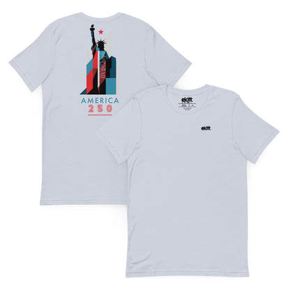 America 250 Statue of Liberty unisex t-shirt featuring original patriotic artwork celebrating America's 250th anniversary
