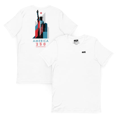 America 250 Statue of Liberty unisex t-shirt featuring original patriotic artwork celebrating America's 250th anniversary